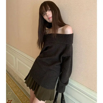 Getadme-Y2k Vintage Off Shoulder Knit Sweater Women Autumn Korean Fashion Aesthetic Harajuku Jumper Gyaru Sexy Pullover Loose